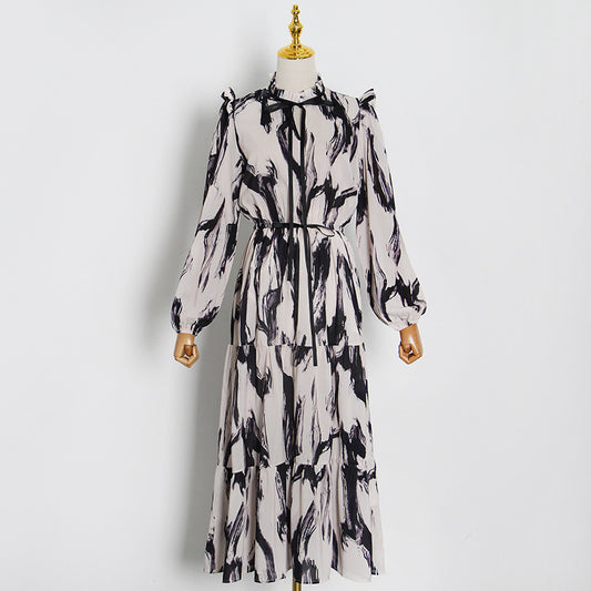 Women Maxi Dress Female Long Sleeve Printed Robe Lady