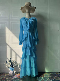 Elegant Ruffled Long-sleeve Waist-cinched Maxi Dress