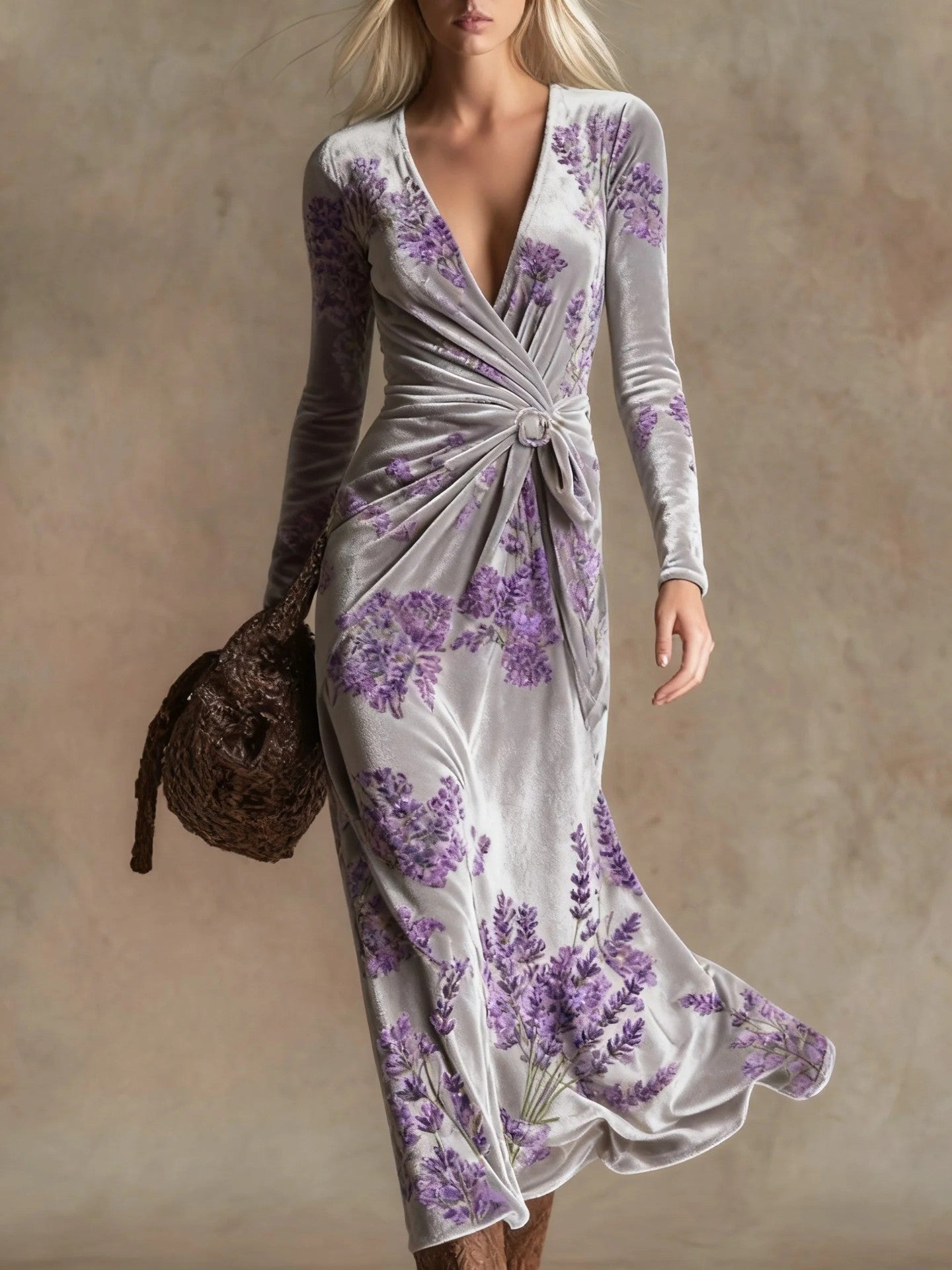 Womens V-neck Long-sleeve Maxi Dress