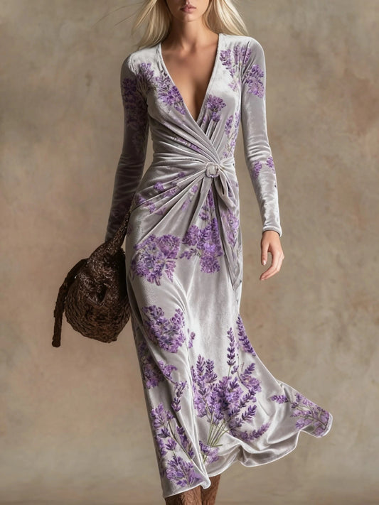 Womens V-neck Long-sleeve Maxi Dress