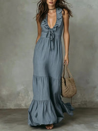 Sleeveless Cotton-Linen V-Neck Maxi Dress