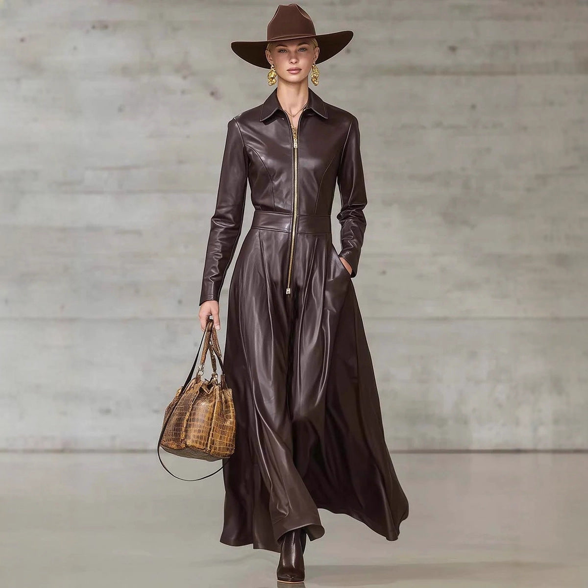 European And American Leather Long-sleeved Maxi Dress