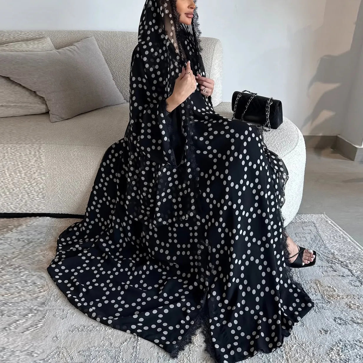 Eid Jalabiya Polka Dot Abaya Dubai Kaftan Muslim Woman Hijab Dress Kebaya Caftan Marocain Femme Robe Islam Clothing Ramadan Gown