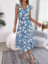 Women Casual Ruffle Trim Floral Print Tie Waist Maxi Vacation Dress