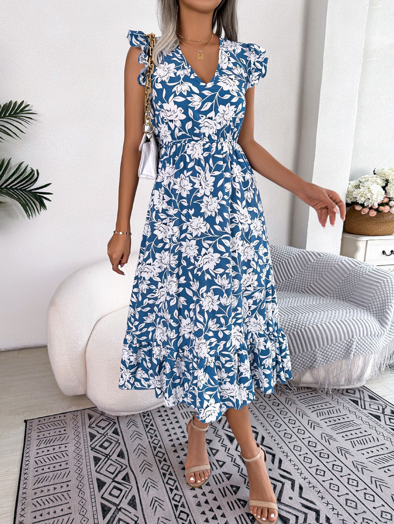Women Casual Ruffle Trim Floral Print Tie Waist Maxi Vacation Dress