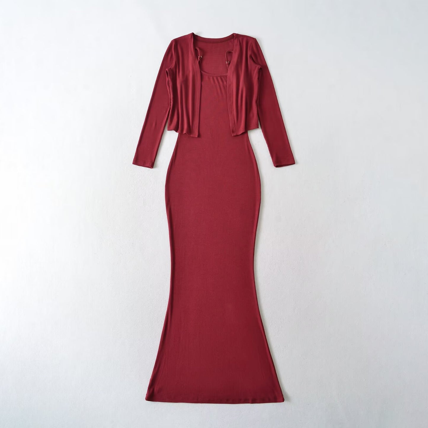 Strap Fish-tail Maxi Dress With Long-sleeve Cardigan A Sassy Two-piece Set For Women