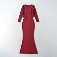 Strap Fish-tail Maxi Dress With Long-sleeve Cardigan A Sassy Two-piece Set For Women
