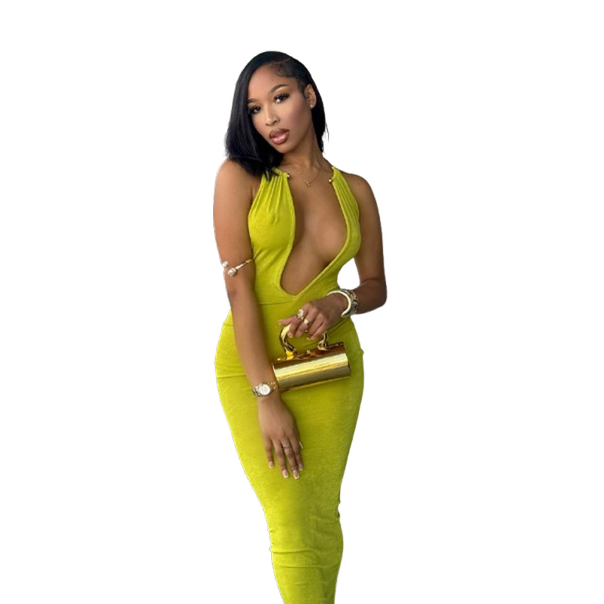Slim-fit Deep V-neck Metal Halter Maxi Dress