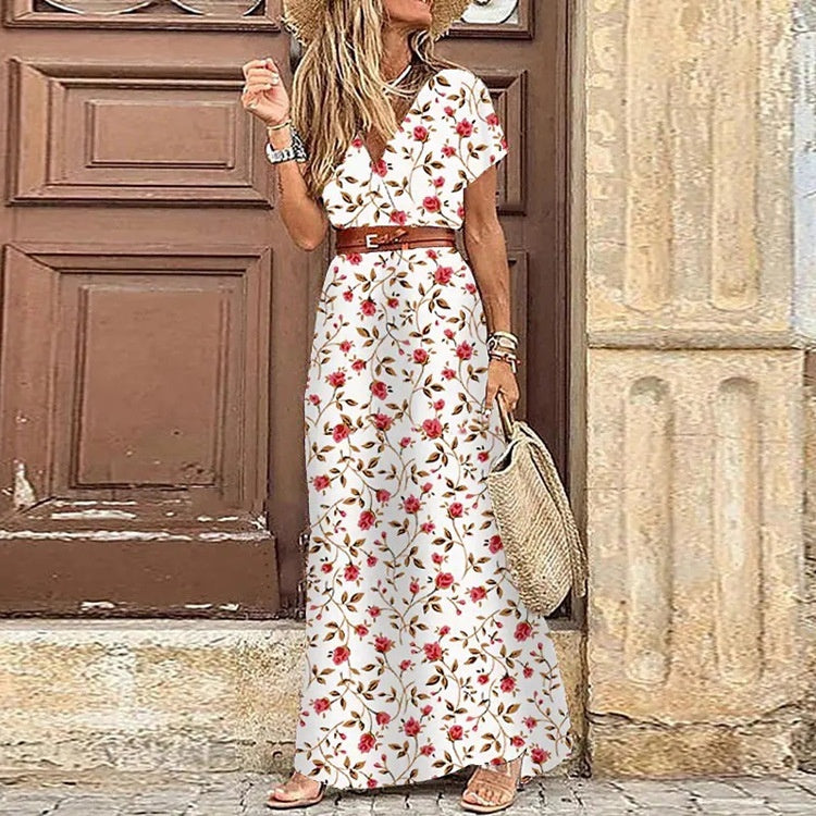Bohemian Style Waist Trimming Printing Maxi Dress