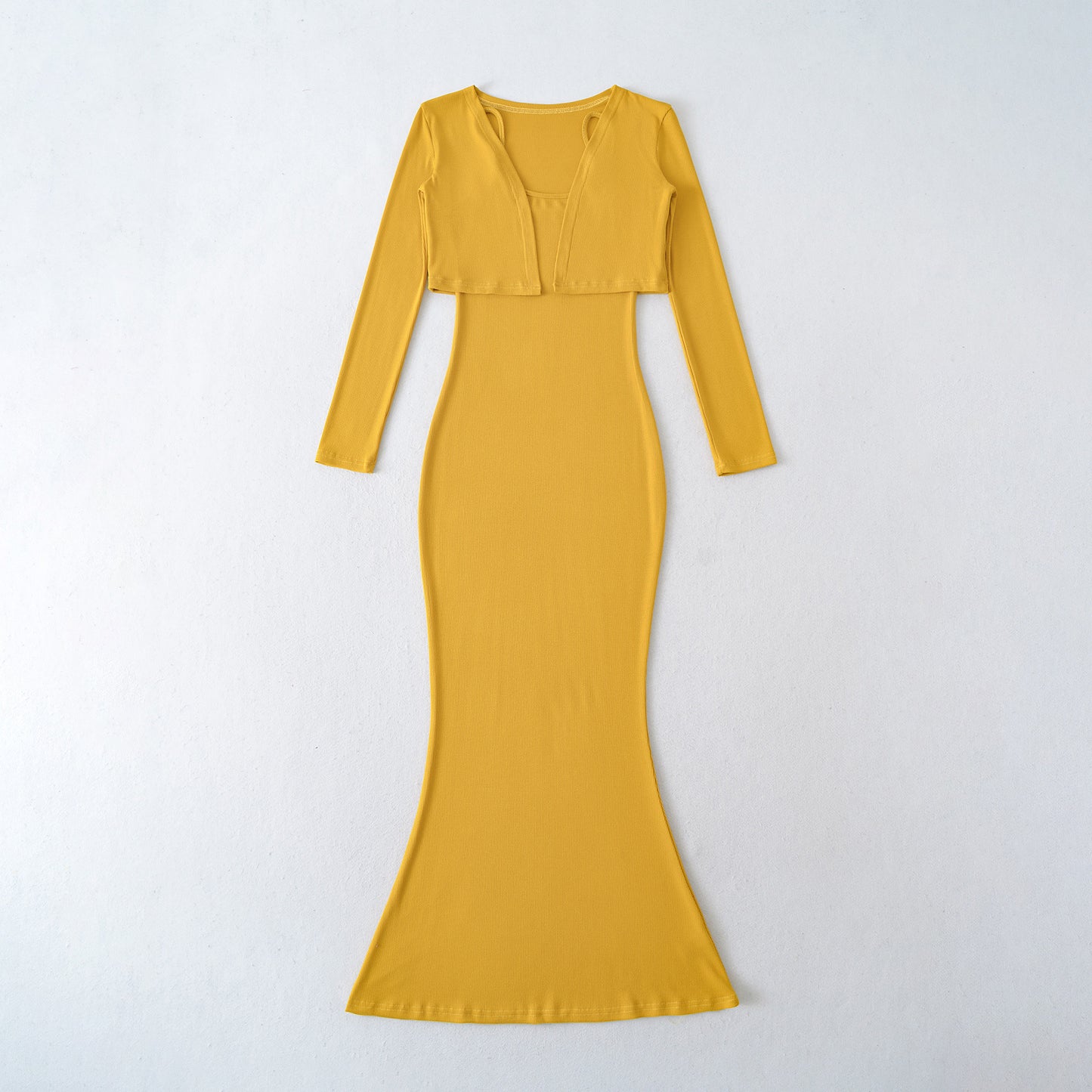 Strap Fish-tail Maxi Dress With Long-sleeve Cardigan A Sassy Two-piece Set For Women