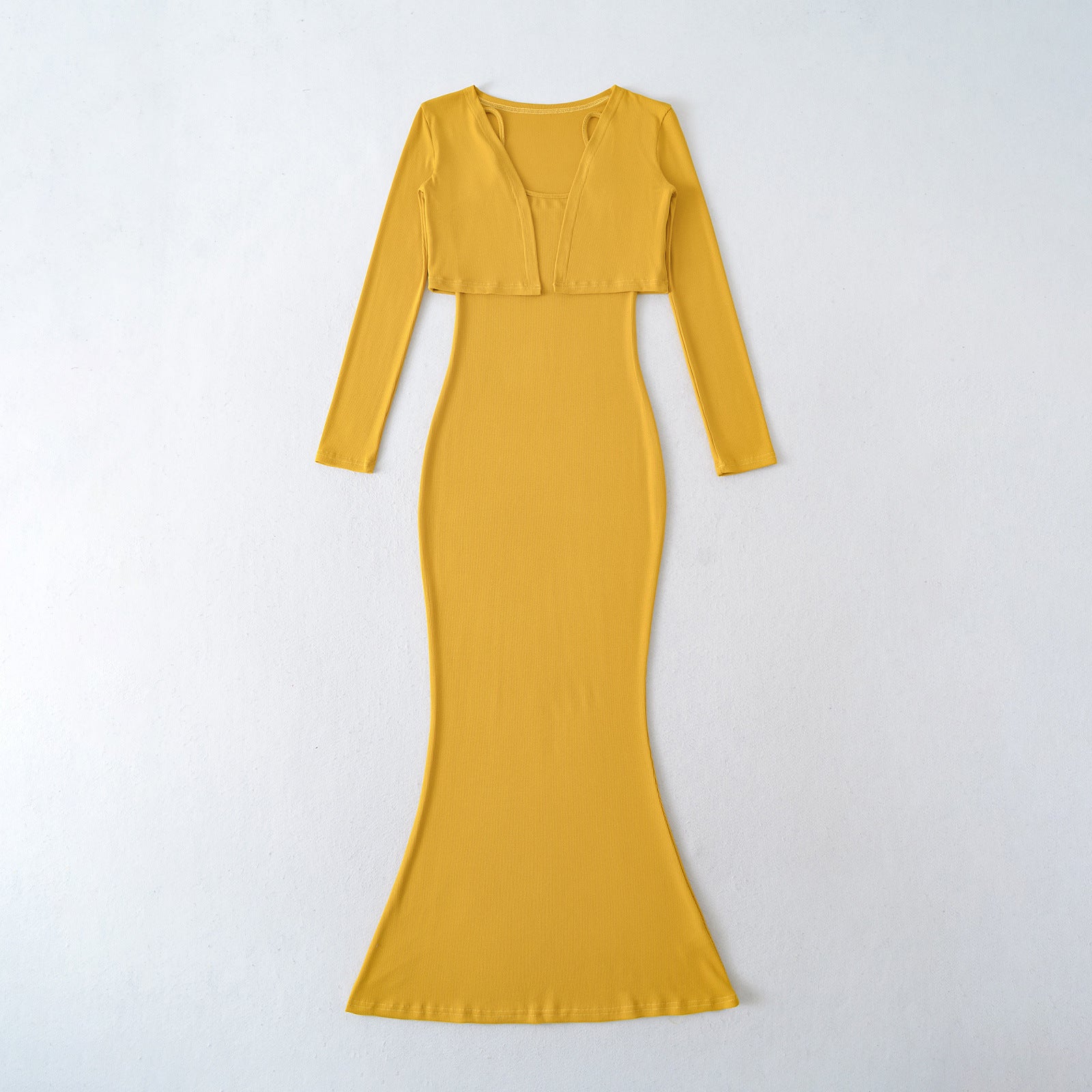 Strap Fish-tail Maxi Dress With Long-sleeve Cardigan A Sassy Two-piece Set For Women