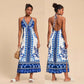 Womens Woven Printed Backless Halter Maxi Dress For Vacation