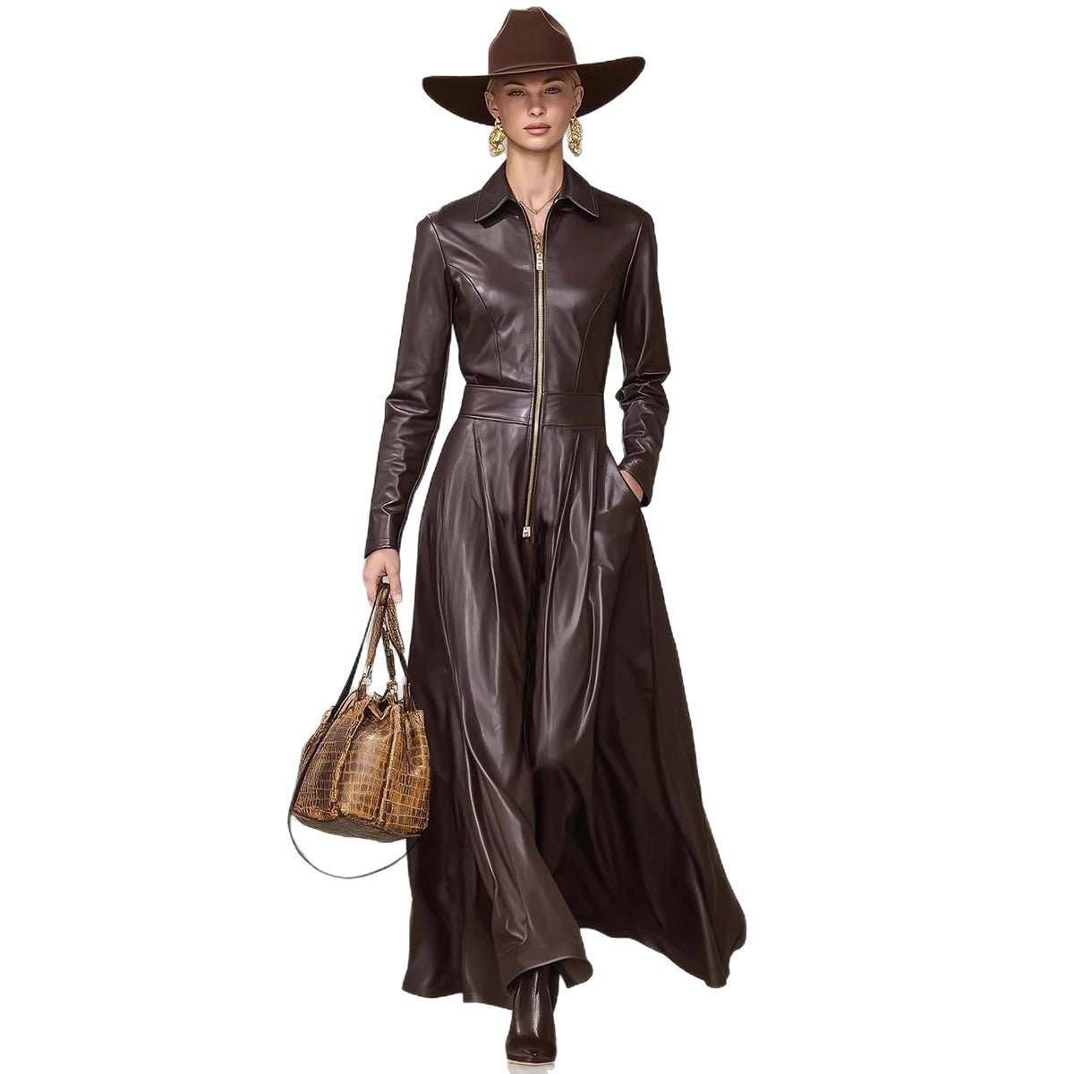 European And American Leather Long-sleeved Maxi Dress