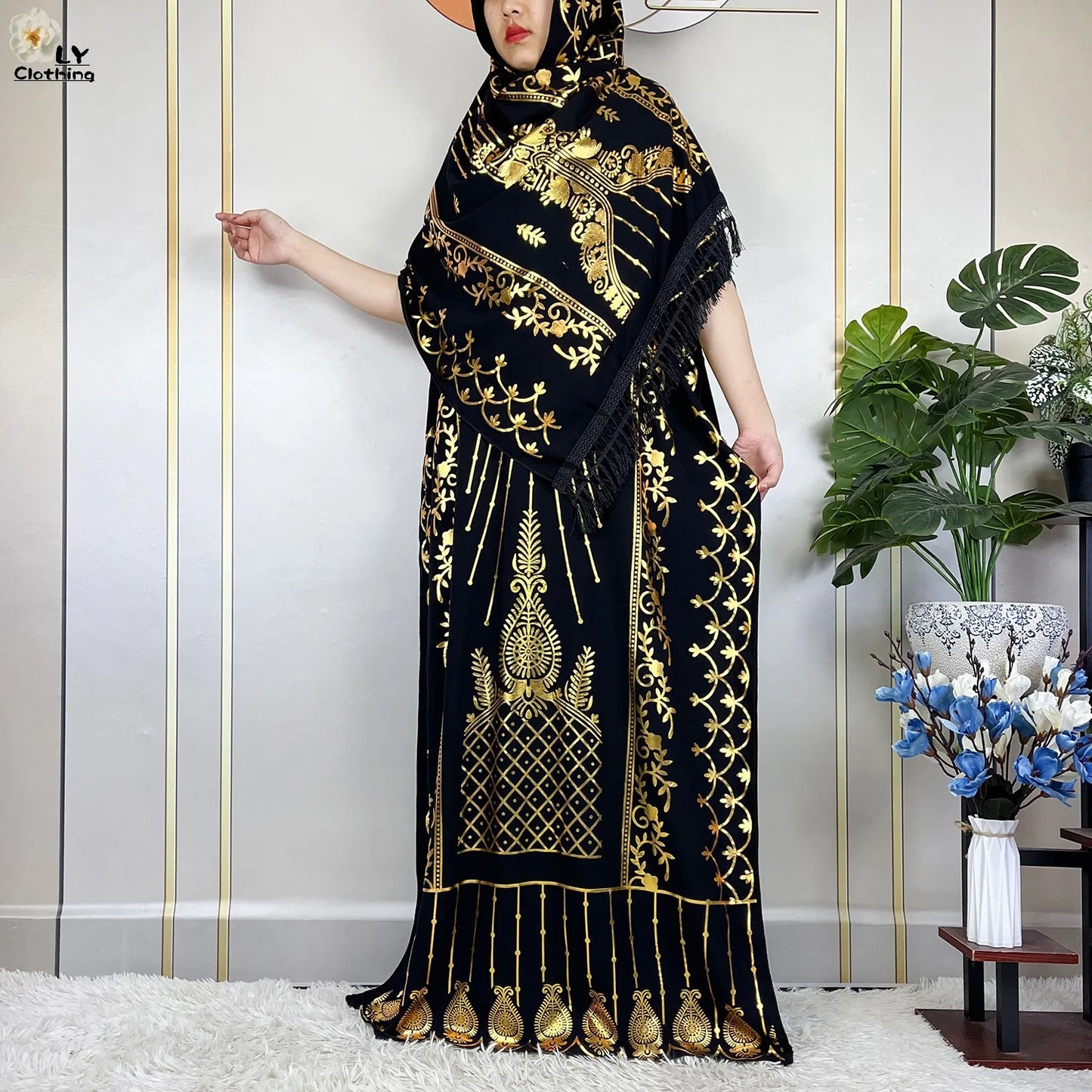 New ALFO  Muslim Summer Short Sleeve Robe Gold Stamping Boubou Maxi Women Femme Loose Dress With Big Scarf African Abaya Clothes