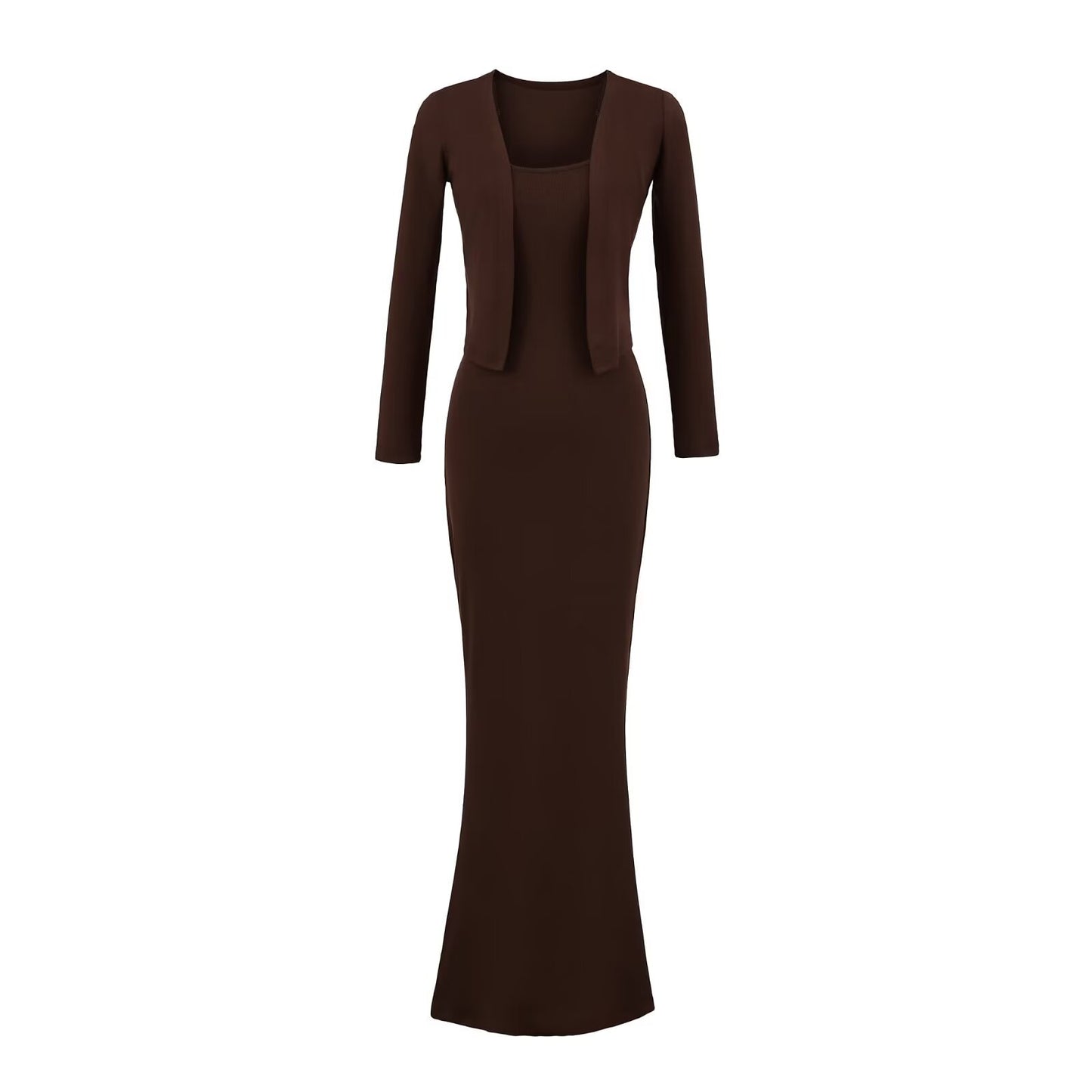 Strap Fish-tail Maxi Dress With Long-sleeve Cardigan A Sassy Two-piece Set For Women