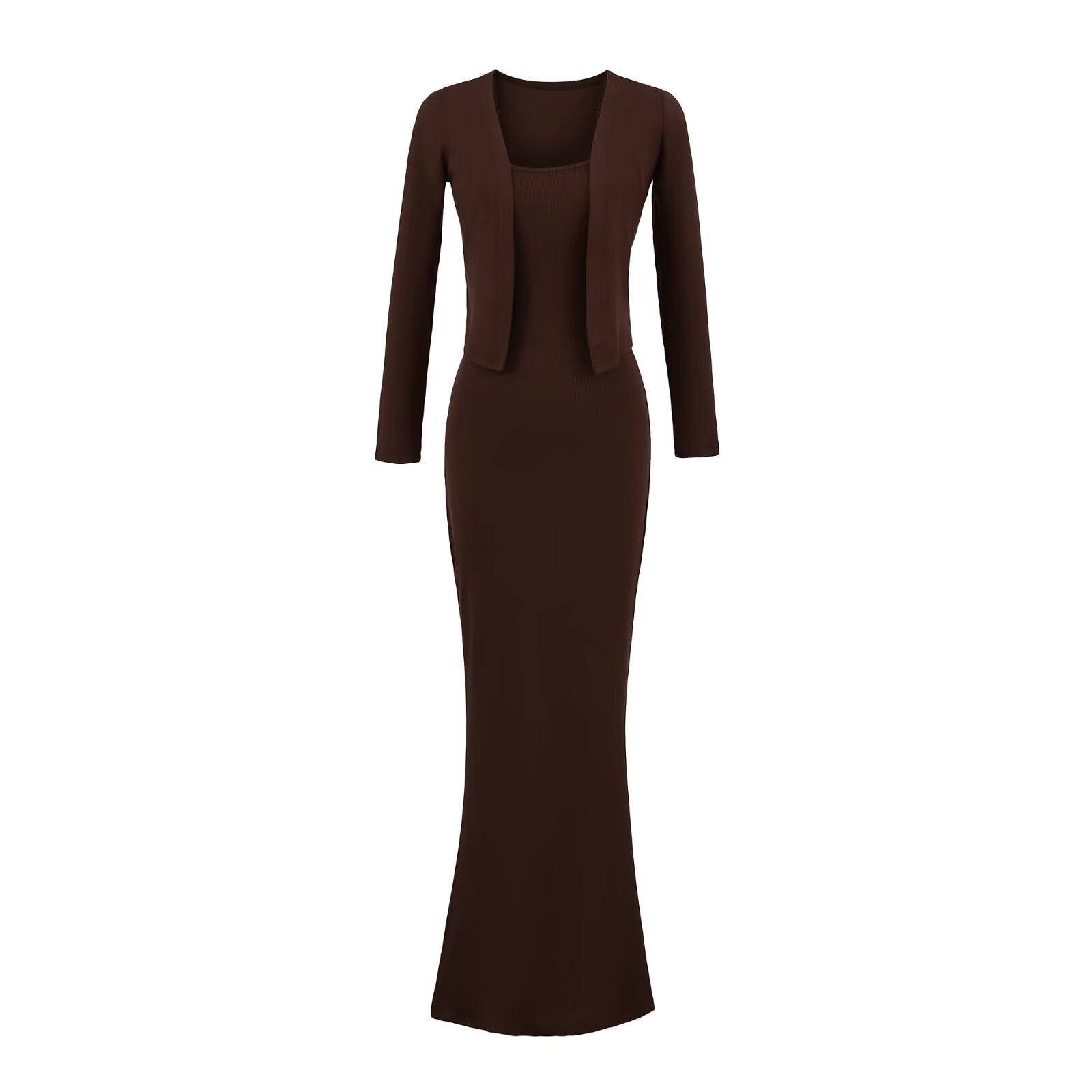 Strap Fish-tail Maxi Dress With Long-sleeve Cardigan A Sassy Two-piece Set For Women