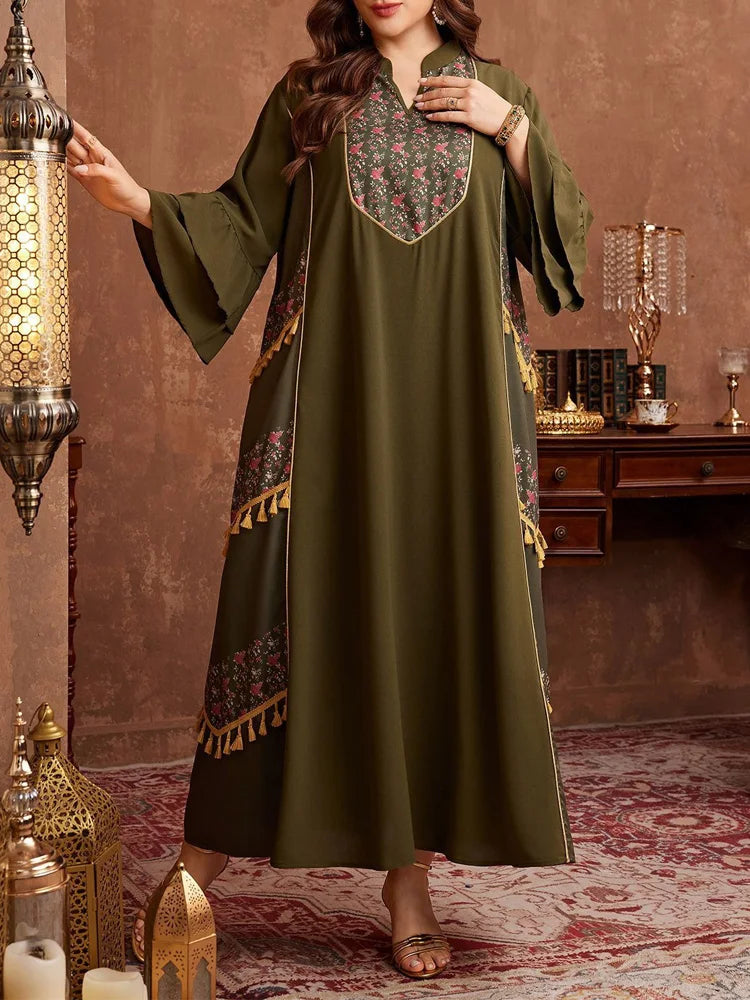 GIBSIE Plus Size Ethnic Style Print Tassel Abaya Dress Women Spring and Autumn Flared Sleeve Boho Loose Maxi Dresses 2026 New
