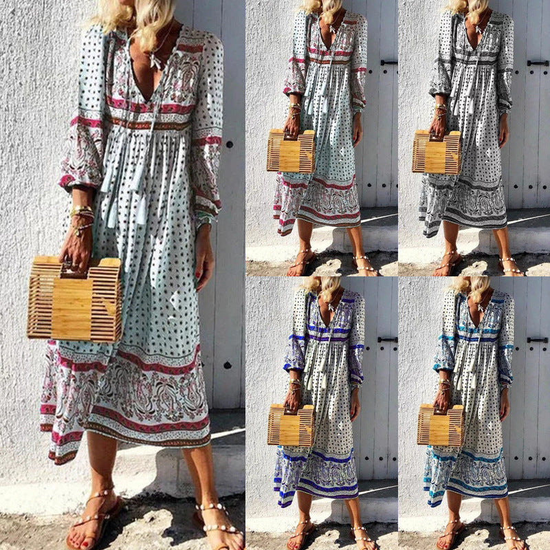 Deep V Print Long Sleeve Maxi Dress