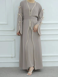 Ladies' Arab Long Gown with Bow Knot Soft Comfortable Casual Solid Color Outer Dress with Belt