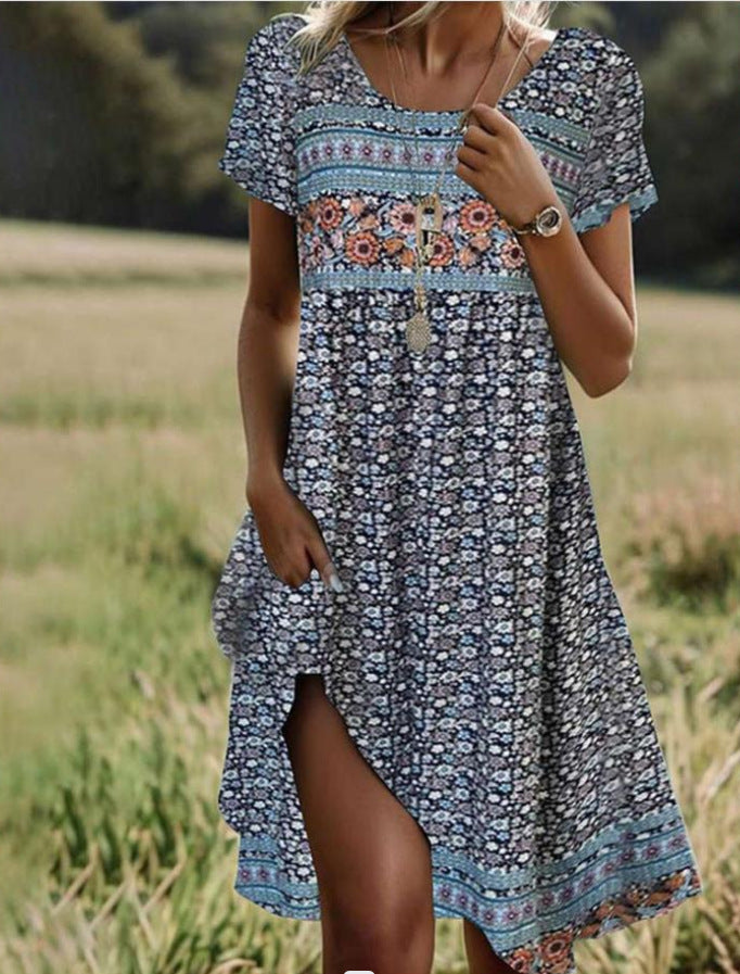 Women's Round Neck Short Sleeve Maxi Dress Bohemian Print Dress
