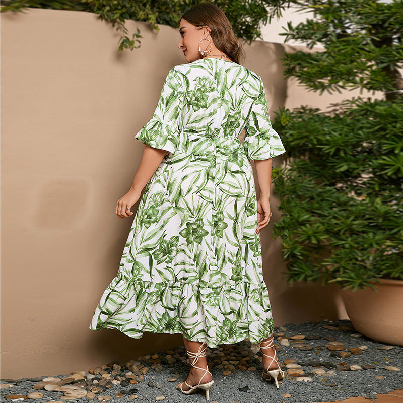 Casual Vacation Plus-size Flared Sleeve Maxi Dress