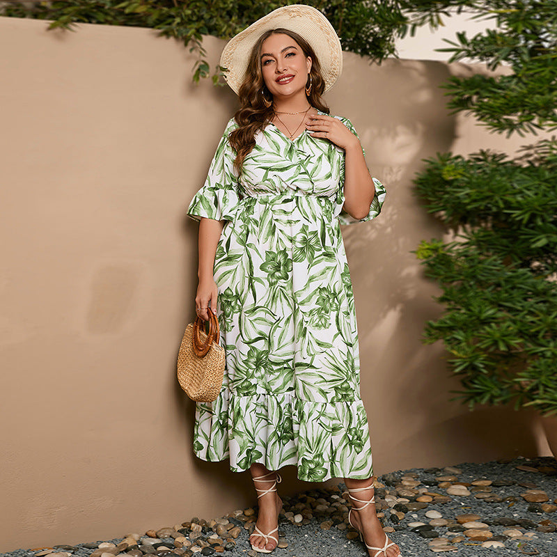 Casual Vacation Plus-size Flared Sleeve Maxi Dress