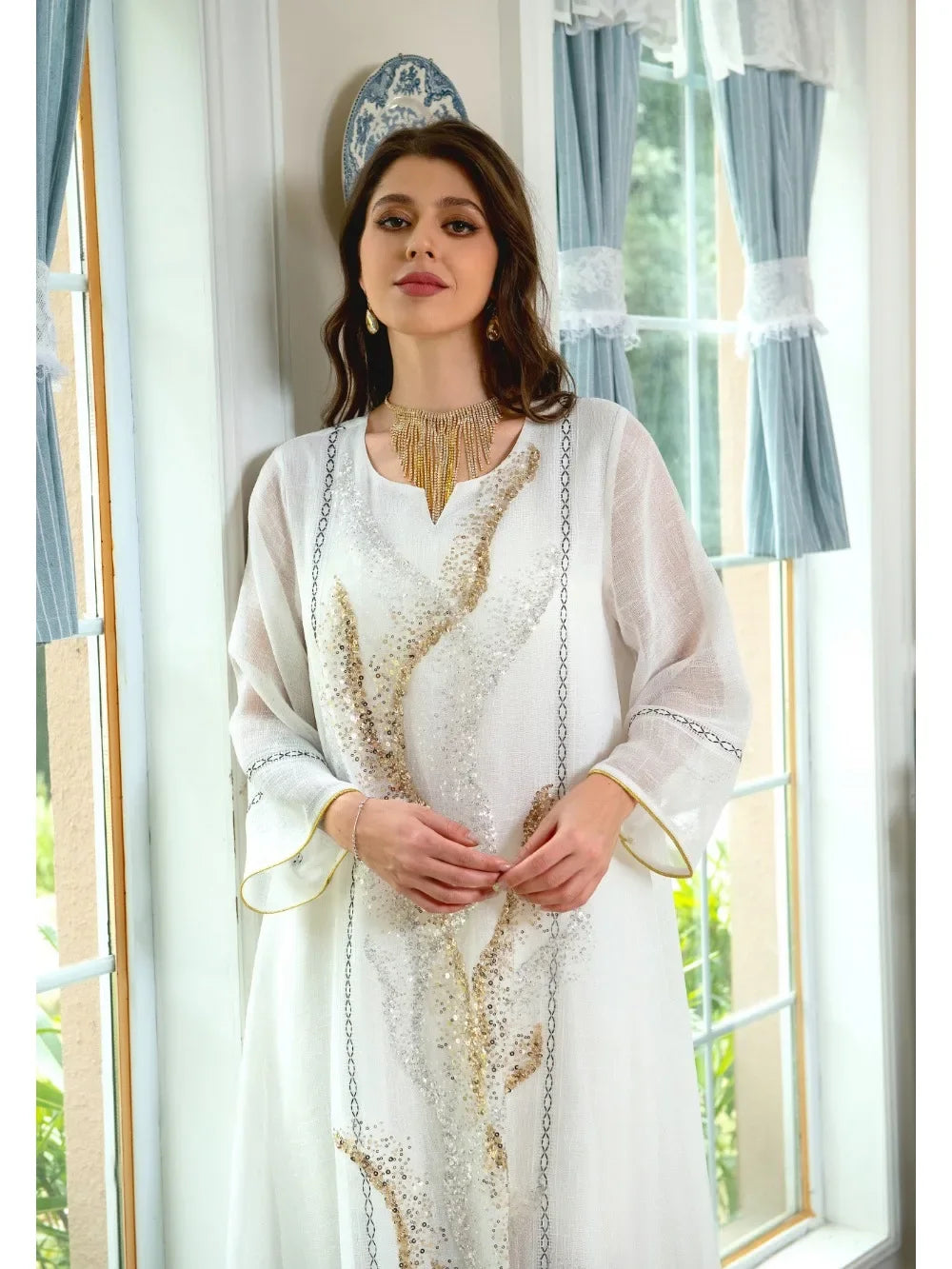 Eid Muslim Party Dress for Women Abaya Jalabiya Evening Long Dresses Sequins Morocco Abayas Kaftan Islam Vestidos Arab Long Robe