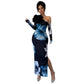 Women's One-shoulder Floral-print Mesh Maxi Dress
