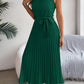 Women's Elegant Stand Collar Sleeveless Tie Waist Pleated Maxi Dress