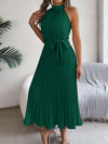 Women's Elegant Stand Collar Sleeveless Tie Waist Pleated Maxi Dress