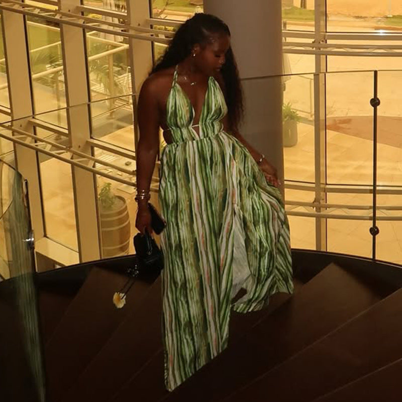 Women's Backless V-neck Halter Maxi Dress