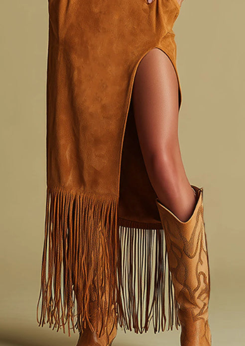 Western Retro Embroidered Brown Fringe Maxi Dress