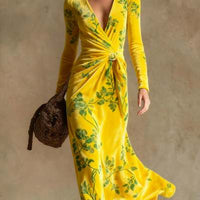 Womens V-neck Long-sleeve Maxi Dress