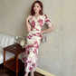 V-neck Mesh Printed Short-sleeve Maxi Slip Dress