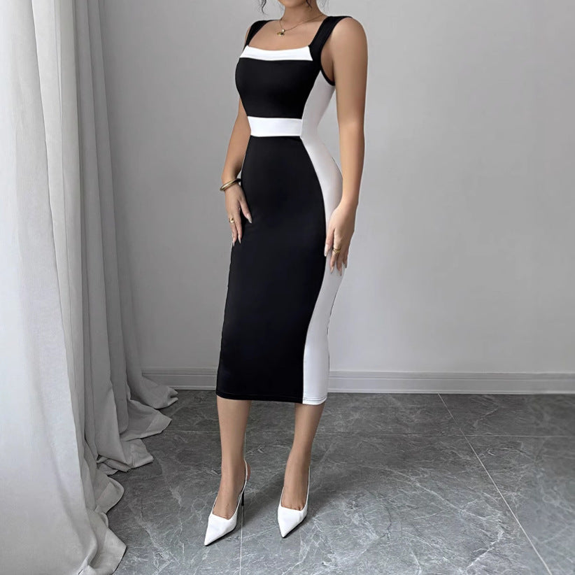 Women's Intellectual Style Dress With Square Neckline, Spaghetti Straps, And Color-blocked Maxi Dress