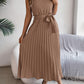 Women's Elegant Stand Collar Sleeveless Tie Waist Pleated Maxi Dress