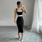 Women's Intellectual Style Dress With Square Neckline, Spaghetti Straps, And Color-blocked Maxi Dress