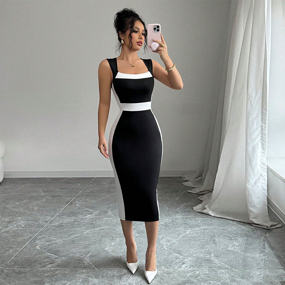 Women's Intellectual Style Dress With Square Neckline, Spaghetti Straps, And Color-blocked Maxi Dress