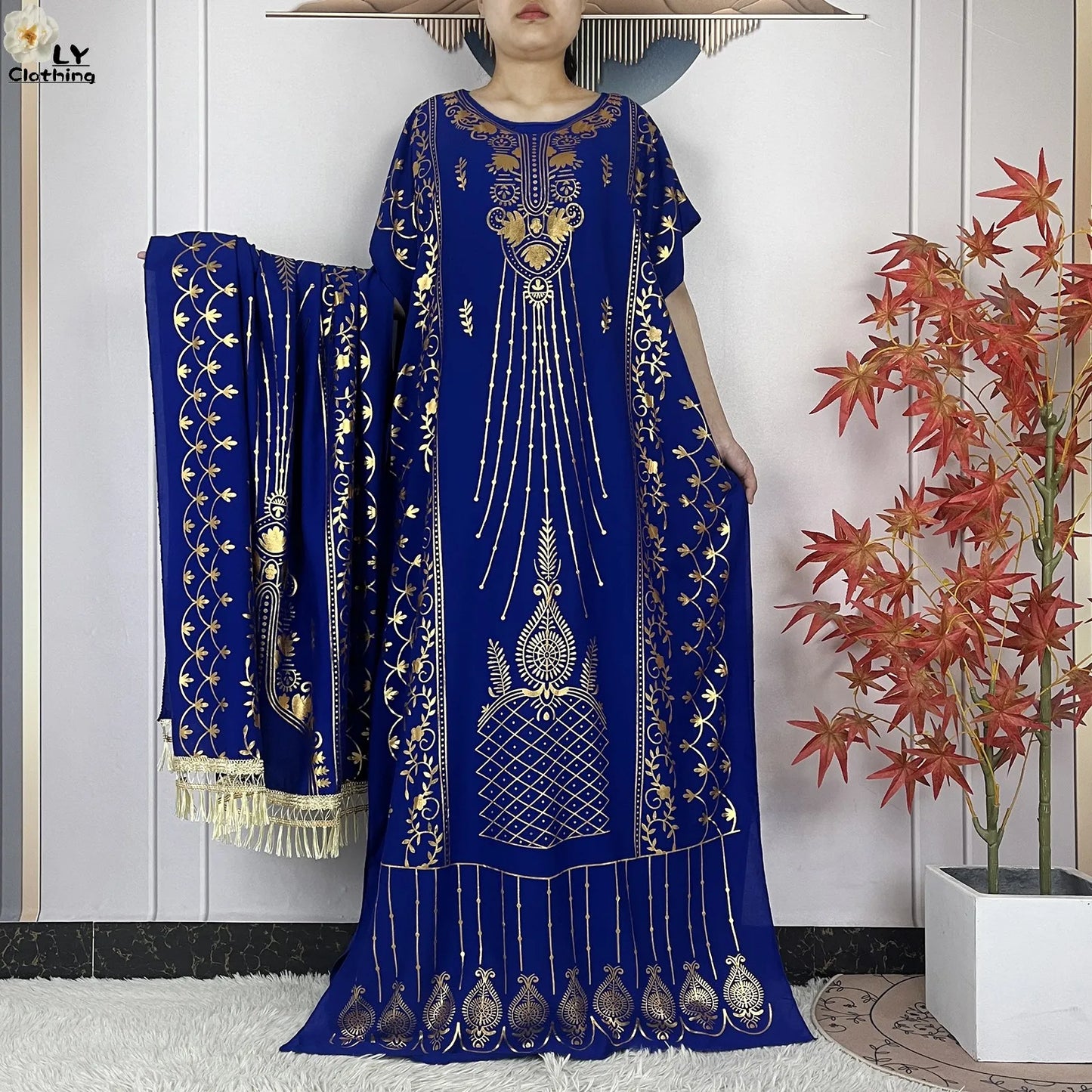 New ALFO  Muslim Summer Short Sleeve Robe Gold Stamping Boubou Maxi Women Femme Loose Dress With Big Scarf African Abaya Clothes
