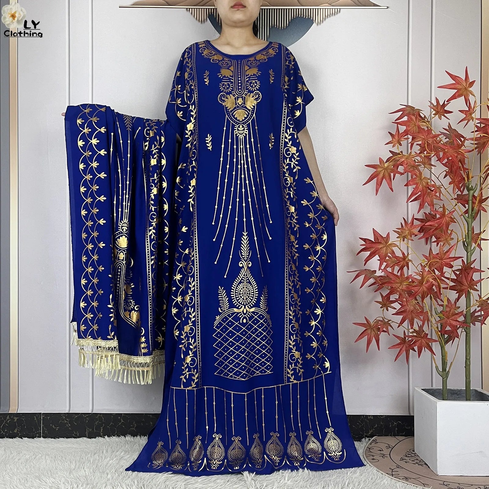 New ALFO  Muslim Summer Short Sleeve Robe Gold Stamping Boubou Maxi Women Femme Loose Dress With Big Scarf African Abaya Clothes