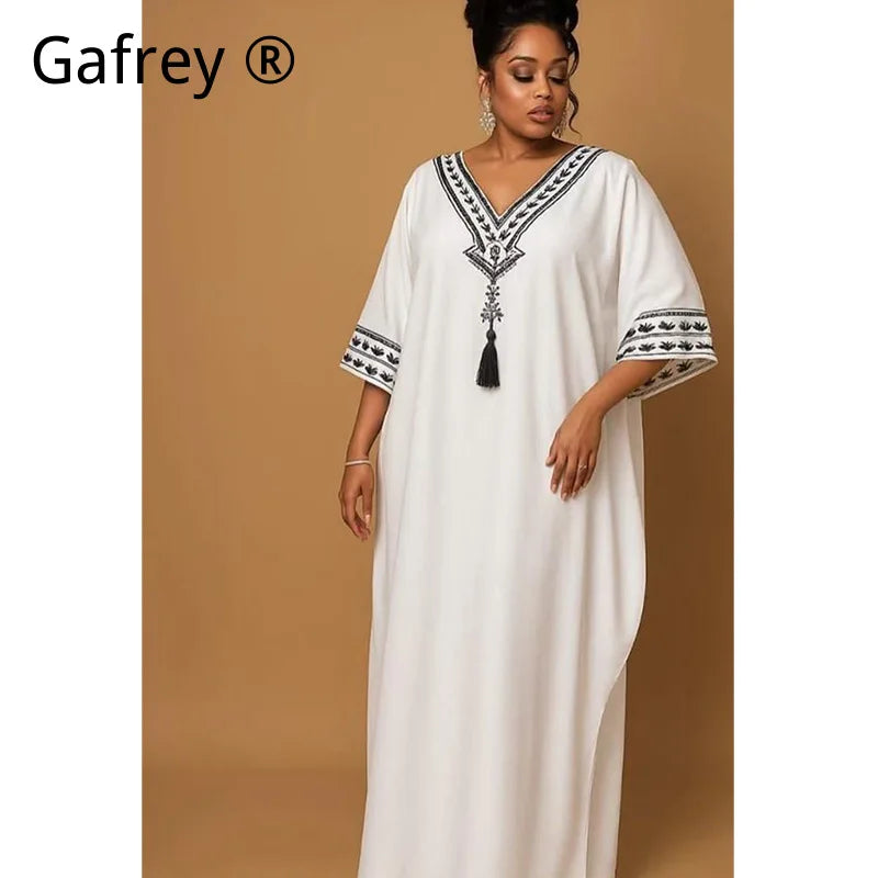 Middle Eastern Printed Abaya Women V-Neck Arab Ethnic Kaftan Muslim Maxi Dress Dubai Style Long Robe Islamic Traditional Gown