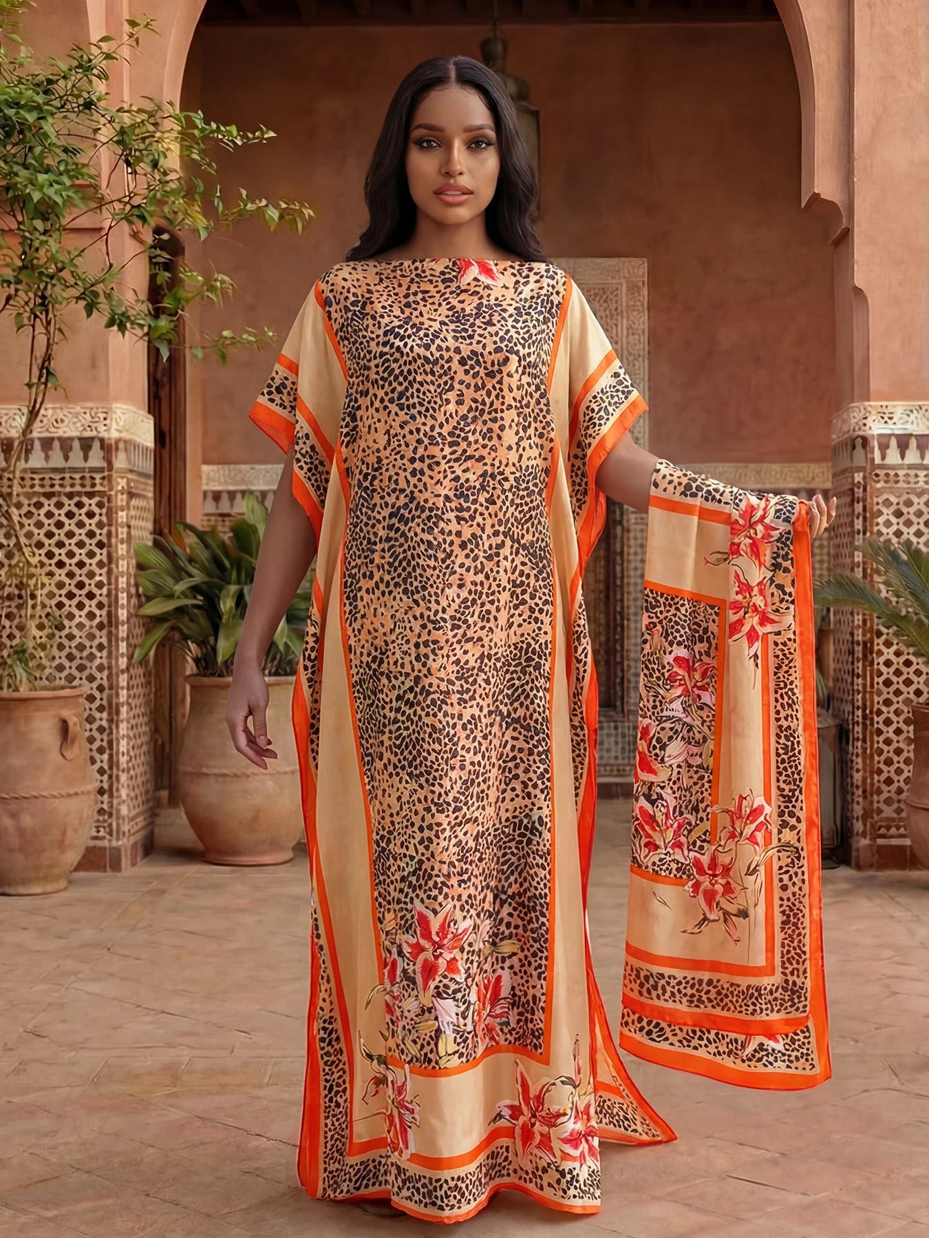 NEW Fashion Summer Dress With Big Scarf Dubai Turkey Kaftan Muslim Loose Abaya Women African Casual Leopard Print Shawl Robe