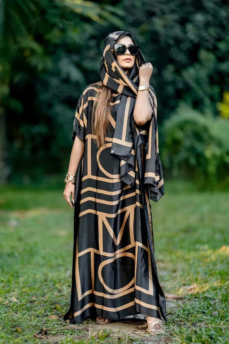 African Dresses For Women Plus Size Summer Boho Silk Printed Muslim Hijab Kaftan Dress Middle East Traditional Lady beach Abaya