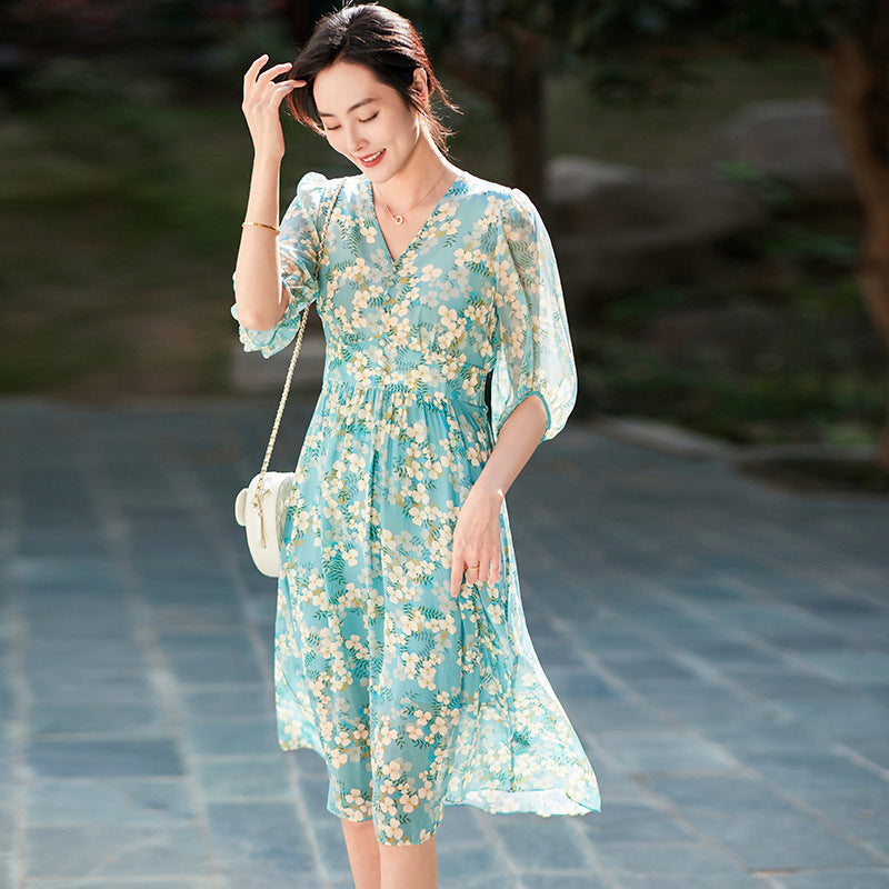 Elegant Waist Cinching Floral Silk Dress