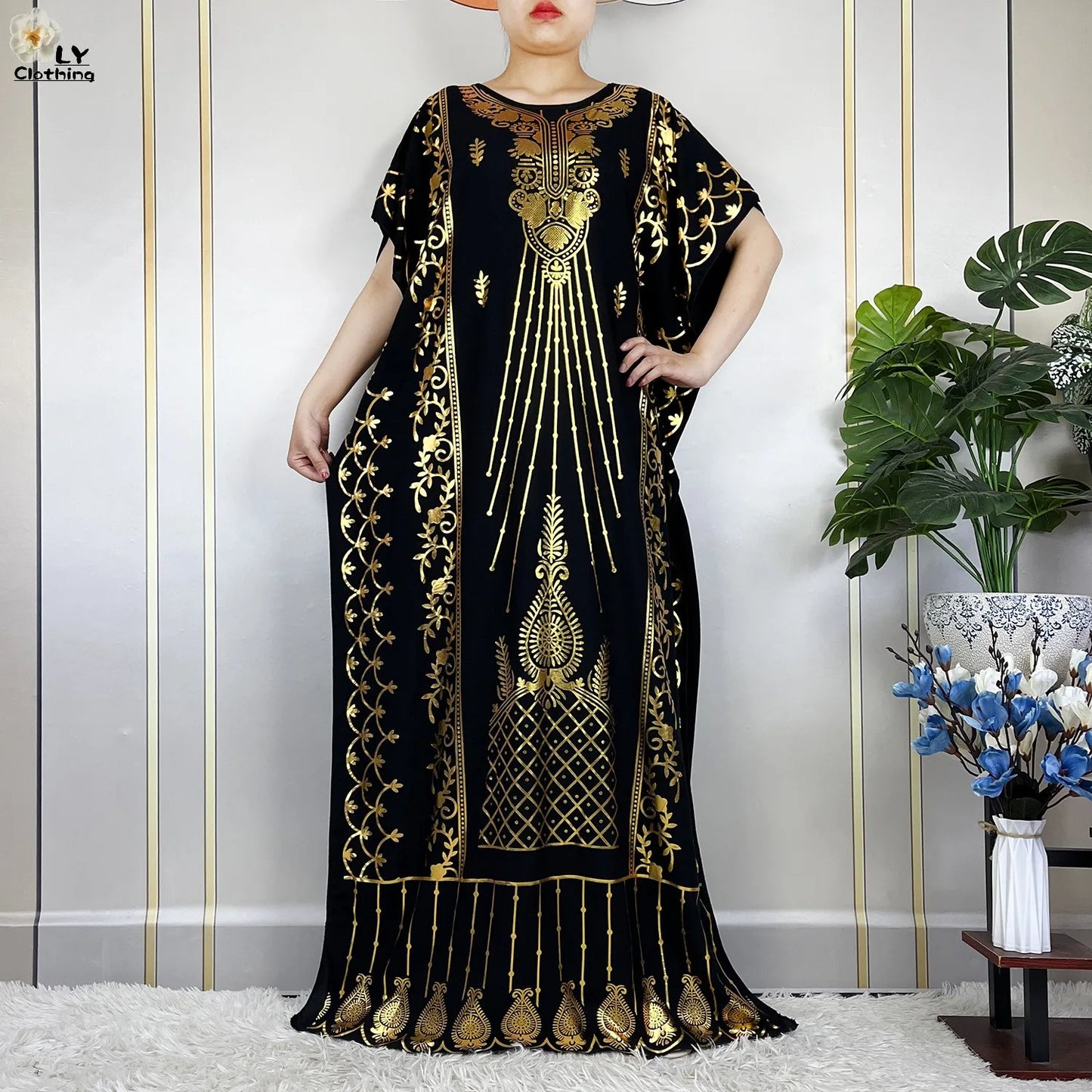 New ALFO  Muslim Summer Short Sleeve Robe Gold Stamping Boubou Maxi Women Femme Loose Dress With Big Scarf African Abaya Clothes