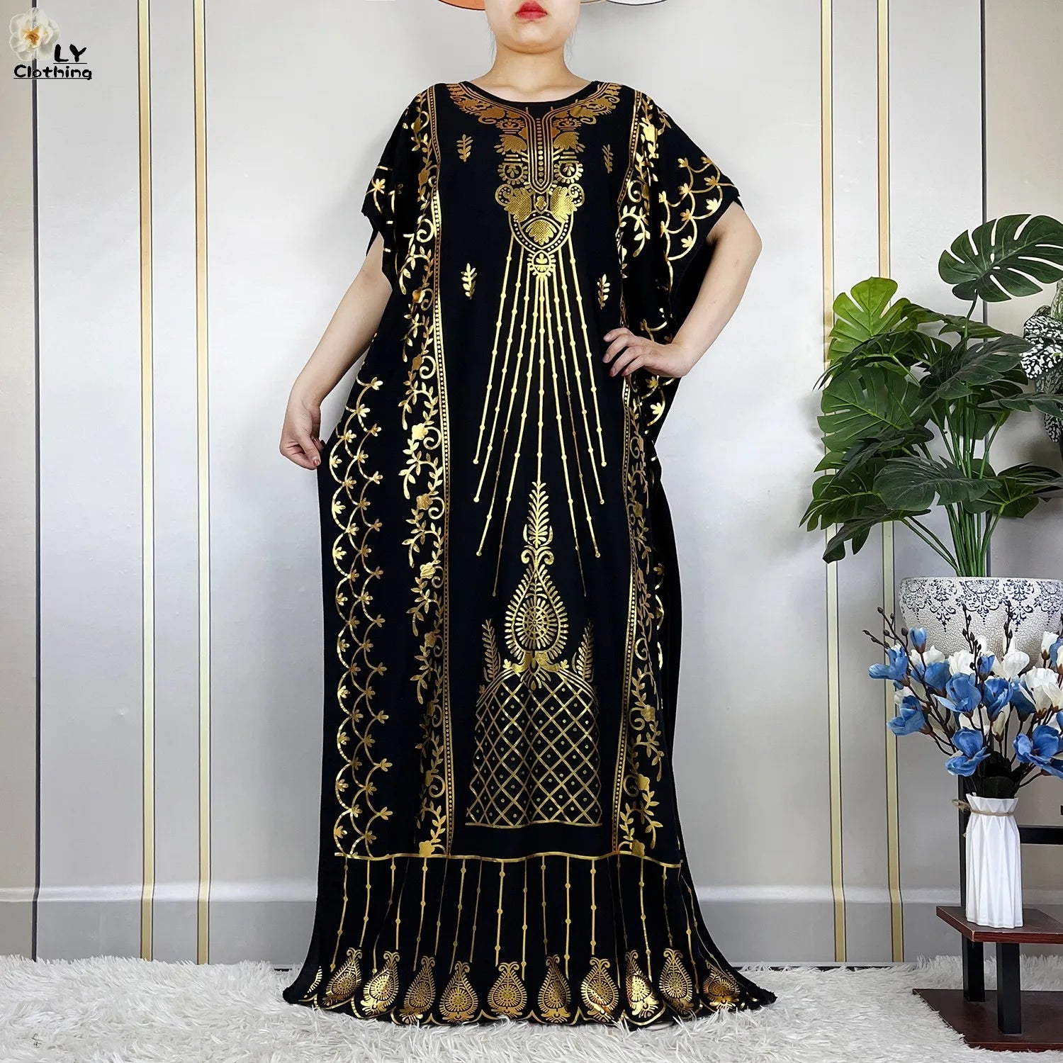 New ALFO  Muslim Summer Short Sleeve Robe Gold Stamping Boubou Maxi Women Femme Loose Dress With Big Scarf African Abaya Clothes