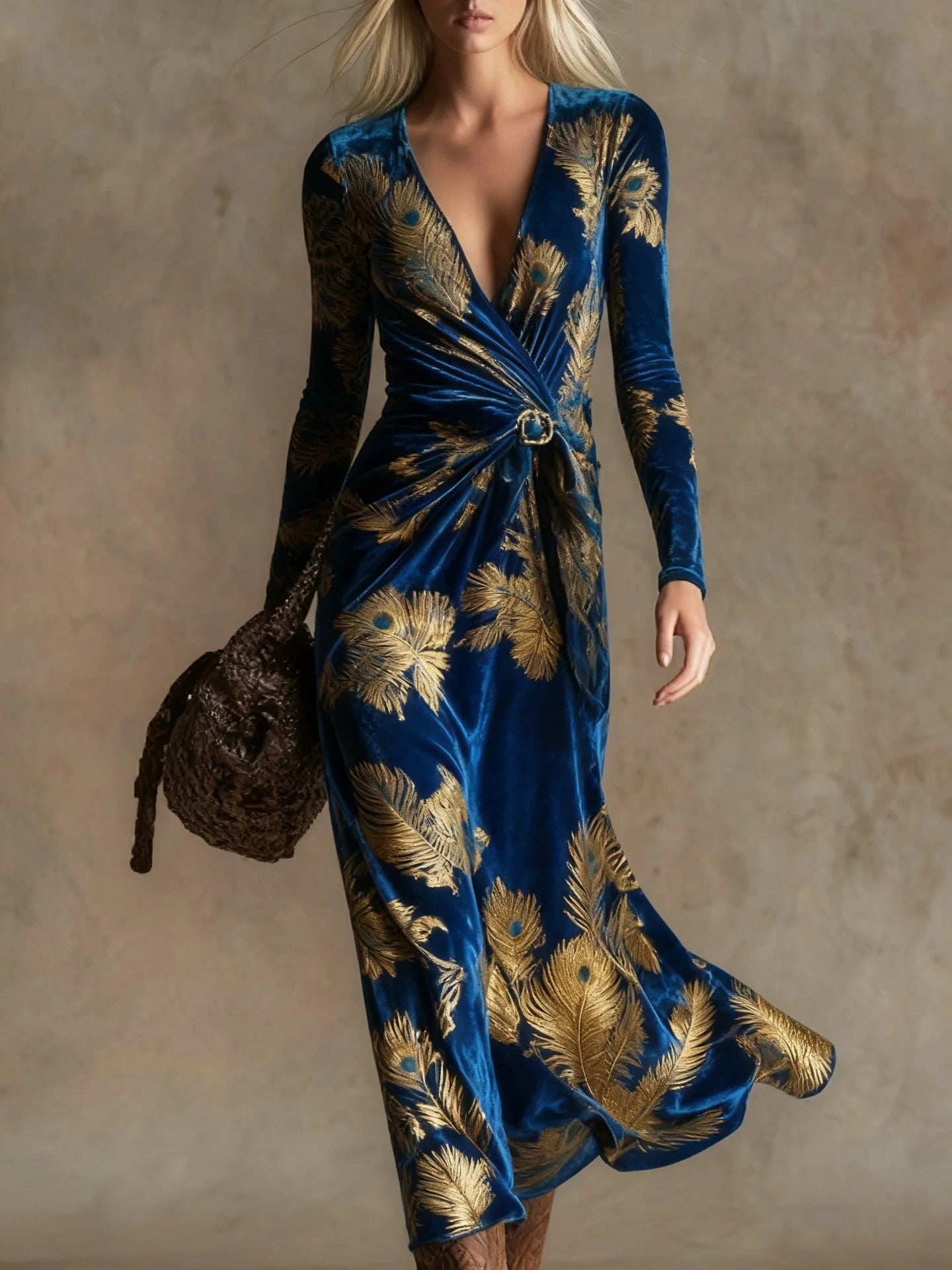 Womens V-neck Long-sleeve Maxi Dress