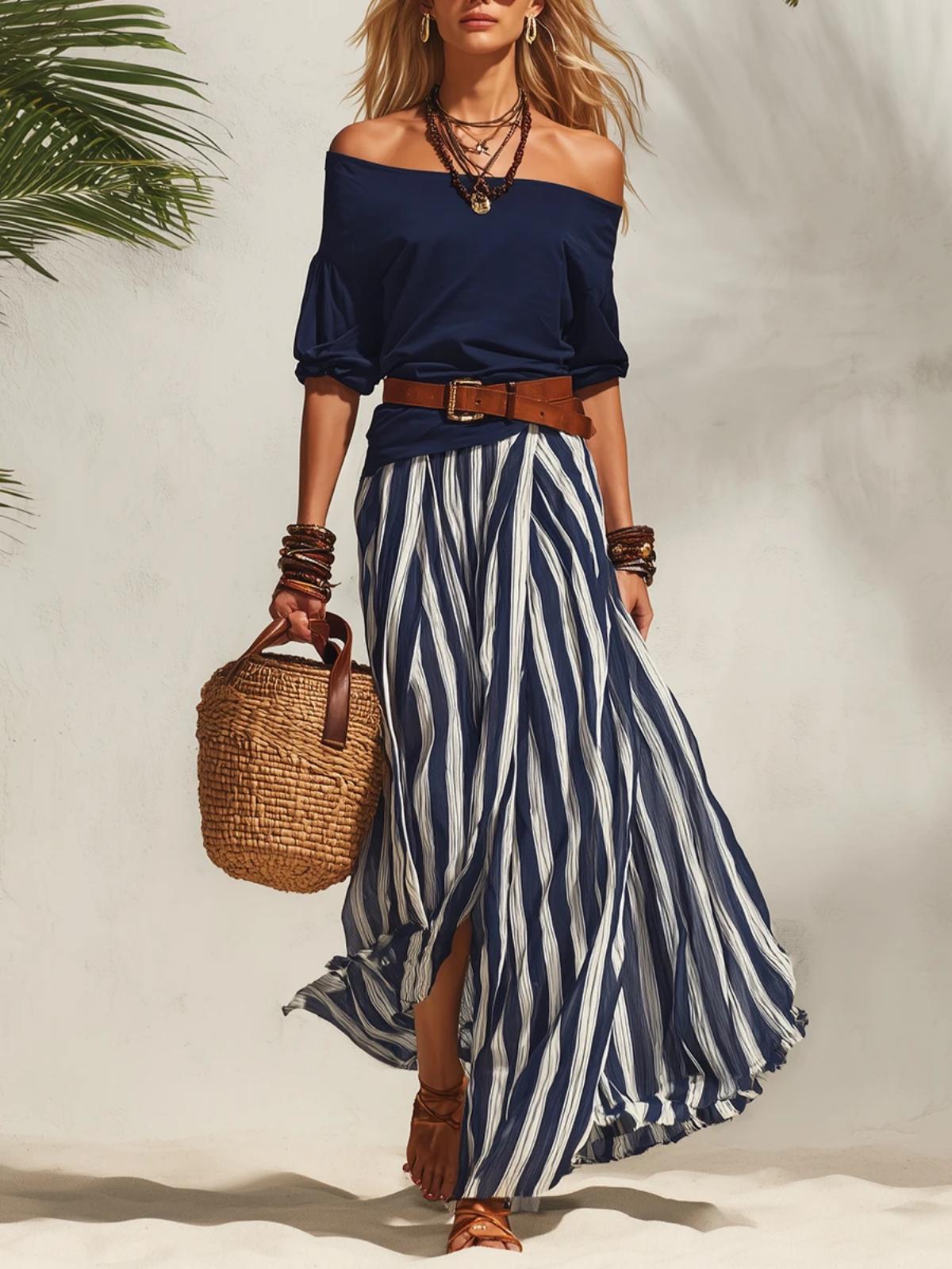 Off-shoulder Top And Slit Skirt Womens Set