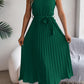 Women's Elegant Stand Collar Sleeveless Tie Waist Pleated Maxi Dress