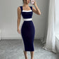 Women's Intellectual Style Dress With Square Neckline, Spaghetti Straps, And Color-blocked Maxi Dress
